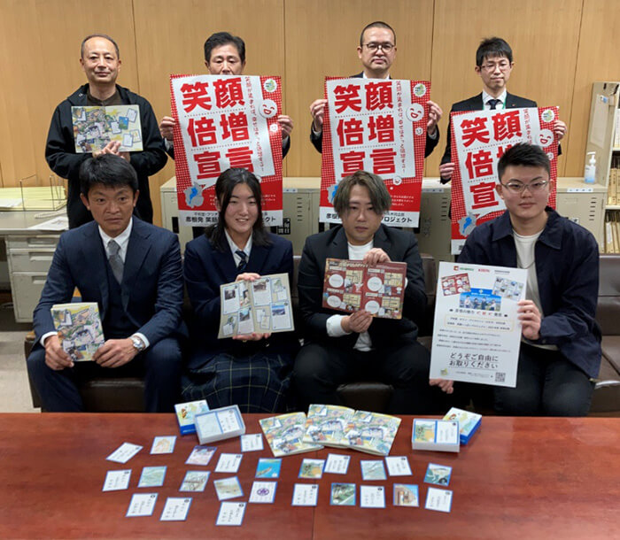 (下左より)近江高校 水谷教諭、吹田さん、滋賀大学 川端さん、山本さん(上左より)滋賀大学 柴田教授、ブリヂストン 押谷さん、キリンビール 久保さん、平和堂 松林