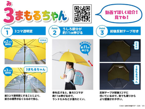3(み)まもるちゃん Point1 3コマ透明窓 Point2 うしろ部分が約11cm伸びる Point3 前後反射テープ付き